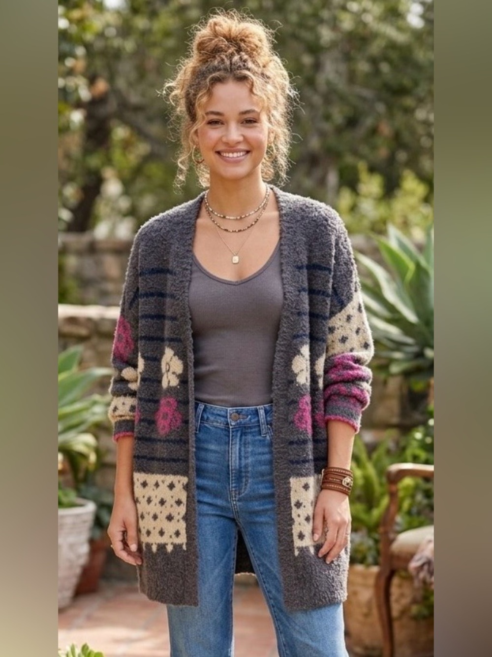 Natural Life Calla Jacquard Patterned Open-Front Women’s Cardigan Size S/M